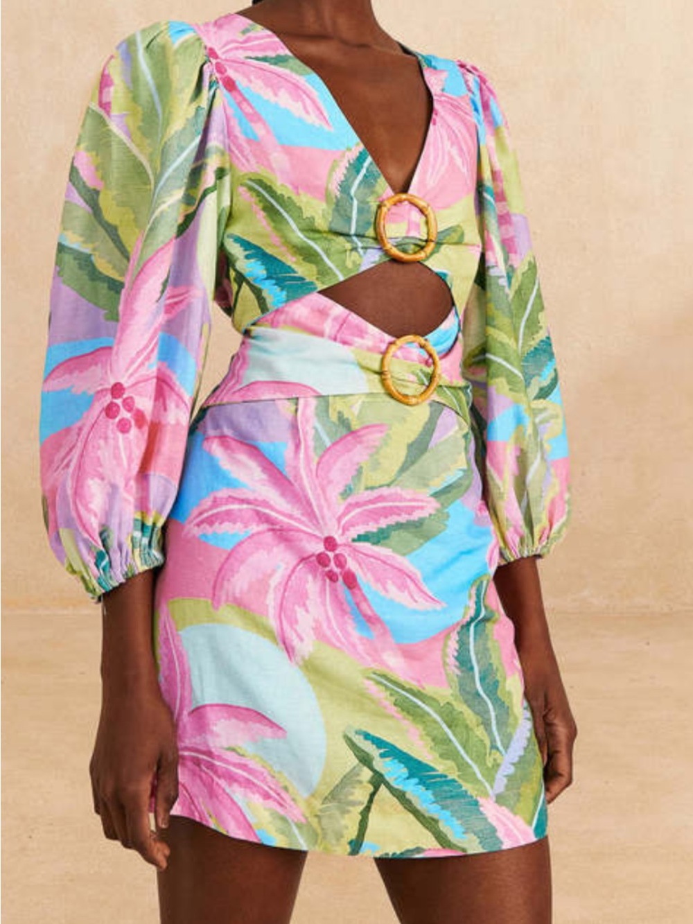 FARM Rio Multicolor Tropical Leaf Print dress in Green, Teal, Lavender